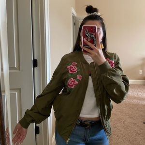 Army Green floral bomber jacket
